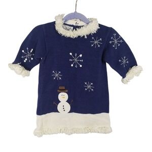 Vintage Kids Snowman Snowflake Knit Sweater Dress 24mths Navy Holiday Outfit